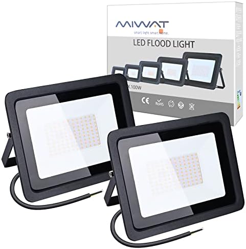 MIHEAL 110V 2 Pack 100W LED Flood Light, Warm White 3000K, IP68Waterproof Super Bright Security Lights, Outdoor Floodlight for Yard, Garden, Playground, Basketball Court