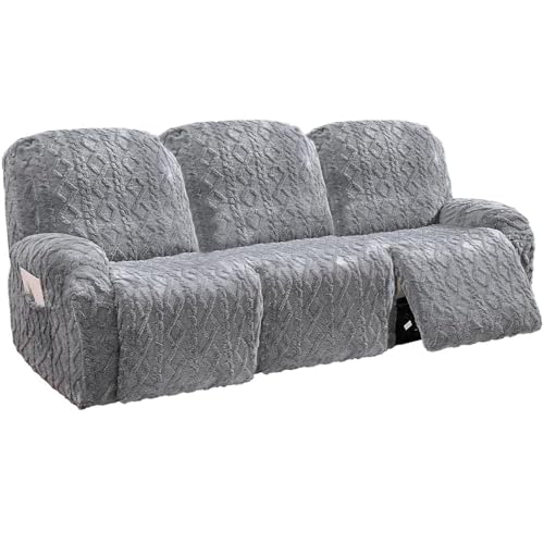 8 Pieces Recliner Chair Covers, Geometric Jacquard Plush Recliner Slipcovers, Couch Sofa Covers, Soft Fuzzy Fluffy Anti-Slip Furniture Protector for Kids Cats Dogs Elastic Bottom (Grey,3 Seat)