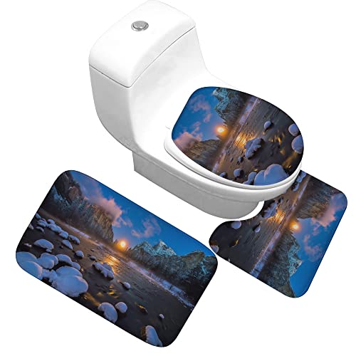 GRGFG Badematten Set,Badematten Teppich-Set 3-Teilig Sunset Glacier 3D-Druck rutschfeste Badematten Weiche Mikrofaser…