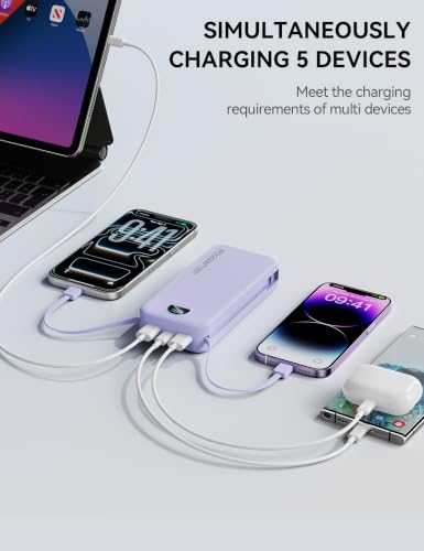 Image of Nusyddy Portable Charger 20000mAh PD20W w /Built-in Cables & Wall Plug Purp. | PD20W Fast Charging, High Capacity, LED Display, Charge 5 Devices at once, TSA Approved, Compatible with iPhone /iPad /Samsung
