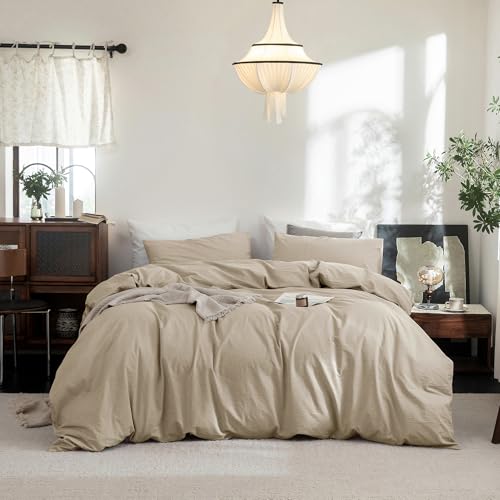 FOSSA Duvet Cover Set 100% Washed Cotton Linen Feel Super Soft Breathable Cozy 3 Pieces Bedding Sets Solid Light Khaki King