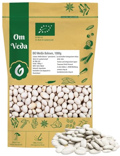 OmVeda Bio Weiße Bohnen 1 kg | Getrocknete Bohnen aus ökologischem Anbau | Mild-süßlich im Geschmack & gleichmäßig in der Form | Für Minestrone, Eintopf, Antipasti & Salat | Vegan & Naturbelassen