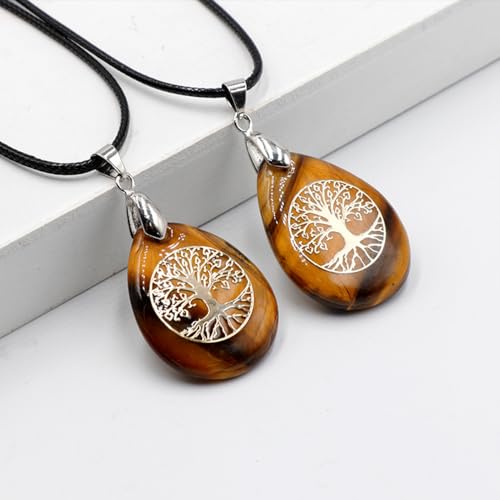 Dumhuts Collier en pierre d'oeil de tigre pendentif en cristal avec pendentif arbre de vie en chaîne en acier inoxydable,Chaîne en Acier Inoxydable, Bijou de Protection et de Chance,pour Femmes, – vue 4
