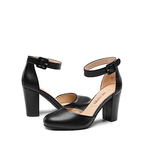 DREAM PAIRS DREAM PAIRS Women's High Heel Ankle Strap Closed Toe Chunky Wedding Party Pumps Shoes,Size 7.5,Black-Pu,Angela