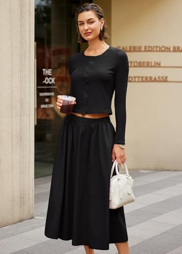 Image of Panadila Womens 2 Piece Lounge Sets Matching Vacation Outfits Ribbed Button Down Cardigan and Elastic Waist Skirt Sets