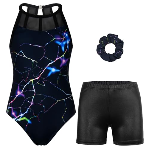 Gymnastics Leotards for Girls With Shorts Sparkly Ballet Dance Mesh Tank Activewear Balck Cracks Set 10-11 Years