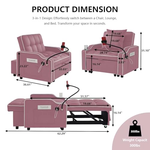 Image of Convertible Sofa Bed, 3 in 1 Futon Sofa Bed with USB Charging Ports, Cup Holder, Phone Stand & Pocket, Modern Upholstered Sleeper Sofa for Living Room, Apartment or Small Space (Pink)