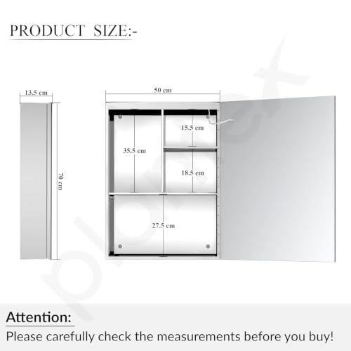 Image of Plantex 304 Stainless Steel Cabinet Mirror /Bathroom Cabinet Storage /LED Mirror Cabinet for Wall /Bathroom Organiser Cabinet -Chrome (19x27 Inch,Defogger & Bluetooth)
