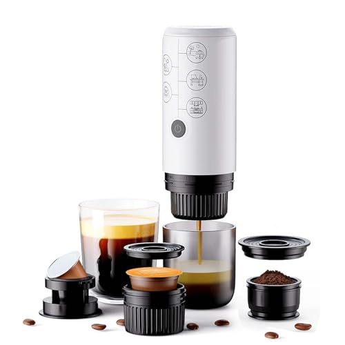 RECAFIMIL 3 in 1 Portable Espresso Machine Electric 12V One Click Extraction Coffee Maker NO Heating Function Compatible with NS and DG Capsules and Coffee Grounds for Office Home (White)