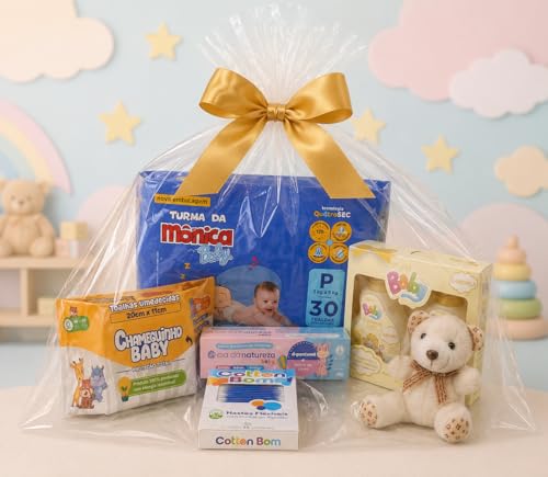 Kit Chá de Bebê com Fraldas, Toalhas e Chaveiro De Pelúcia