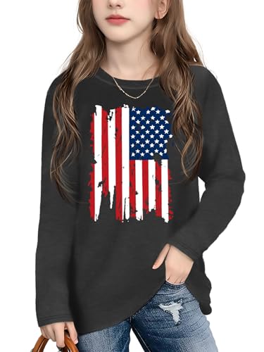 Ithalt Girls 4th of July Outfit Kids American Flag T Shirt Patriotic Long Sleeve Shirt USA T-Shirt Fourth of July Tops 5-14y(BGrey,160)