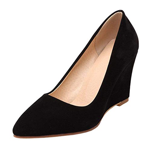 LOVOUO Escarpin Compensé Femme Talon Haut Daim Wedge High Heel Chaussure Bout Pointu 8CM(Noir,38)