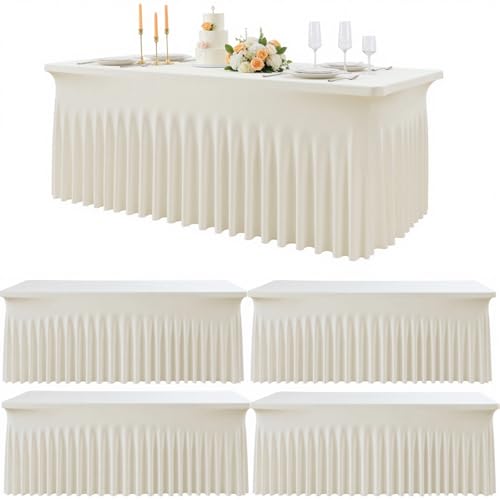 Image of Outpain 6ft Spandex Table Cloth for Standard Folding Tables-4Pack Ivory Table Cloth Table Protector for Party, Wedding, Cocktail, Banquet, Festival