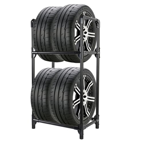 BAOYOUNI Porte-pneus pour 4 pneus ou jantes, 2 niveaux, étagère de rangement en acier peu encombrante pour garage, cave, atelier, 57,2 x 37,3 x 114,6 cm, noir