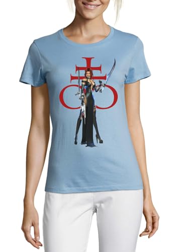 T-shirt femme bleu clair en coton col rond avec motif deux épées
