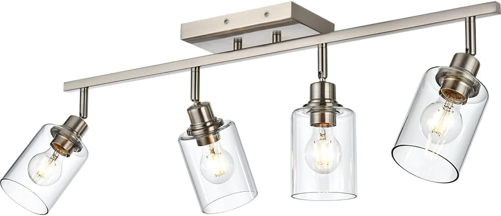 4-Light Brushed Nickel Bathroom Vanity Lighting, Modern Track Lighting Fixtures Ceiling Flush Mount Ceiling Light with Clear Glass Shade Flexibly Rotatable Light Head Kitchen Track Light