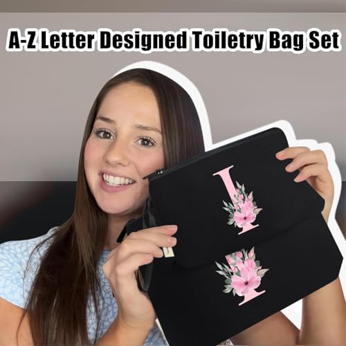 Image of Vavabox A-Z Personalized Makeup Bag, Birthday Gifts for Women Mom, Gifts for Best Friend, Bride Bridesmaid Cosmetic bag (I, 04-Black Set)