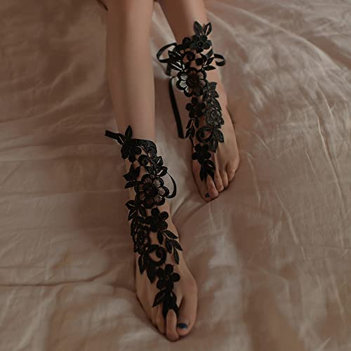 Asphire Sexy Lace Embroidery Anklet with Toe Ring 2pcs Floral Bridal Barefoot Sandals Vintage Wedding Foot Ankle Slave Bracelet Prom Festival Foot Jewelry for Women (Black)2