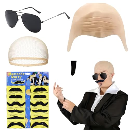 HTTDSLF Latex Glatze Maske Latex kahle Kappe Elastische Haarnetz Kühle Sonnenaugen 13 Stück Schwarz Fake Bart Party Kostüm für Herren Karneval Fasching Halloween Kostüm Zubehör