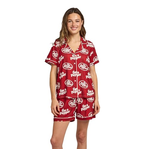 Bioworld Dr. Pepper Classic Logo All-Over Print Women’s Notch Collar Button-Down Shirt and Shorts Sleepwear Set -XS