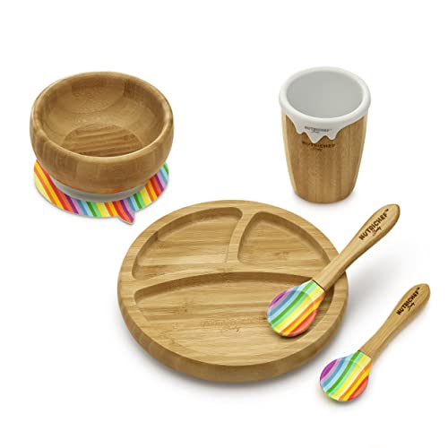 Image of NutriChef Baby and Toddler, 3 Compartment Plate, Bowl, Cup and Spoon Feeding Set- Silicon Suction, Non-toxic All Natural Bamboo Baby Food Plate (Stripe Set)