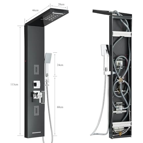 Shower Tower Panel System with LED Rainfall Shower Head, Stainless Steels Shower Tower System 2-in-1 Body Jets,Handheld Showerhead,Bathtub Filler Black-8127