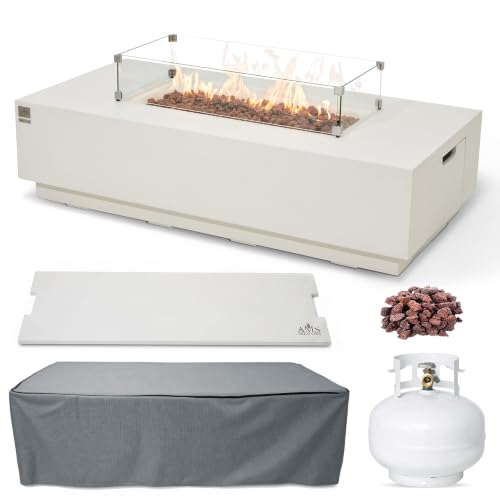 Image of AMS 66 inch Rectangular Concrete Propane Gas Fire Pit Table Bundle, Cream White