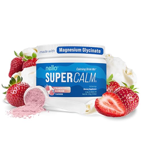Image of Nello Supercalm Powdered Drink Mix Tub, Cortisol Reducer* and Sleep Aid Supplement, L Theanine, Ksm-66 Ashwagandha, Magnesium Glycinate, Vitamin D 3, No Sugar, Non GMO, 30 Ct, Strawberries & Cream