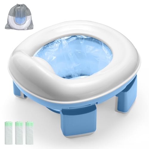 Warmiehomy Portable Travel Potty for Toddlers Kids Baby Foldable Potty Training Toilet Seat for 1-4 Years Boys Girls Indoor Outdoor Carry Potty Travel Toilet with 60pcs Cleaning Bags, Blue