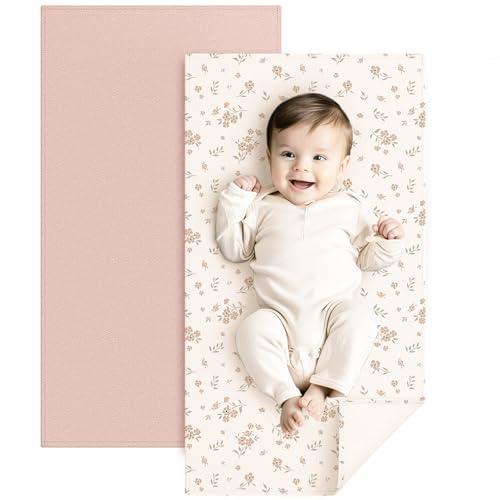Konssy Faux Leather Baby Changing Mat, Waterproof, Wipeable & Portable Diaper Changing Pad for Travel or Home, Fits Perfectly in Diaper Bag, 30 x 17 inches (Blossom,Pink)