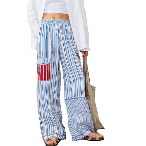 Women's Y2k Striped Patchwork Pants Aesthetic Casual Loose Fit High Waist Wide Leg Pop Pants Vintage Going Out Pants