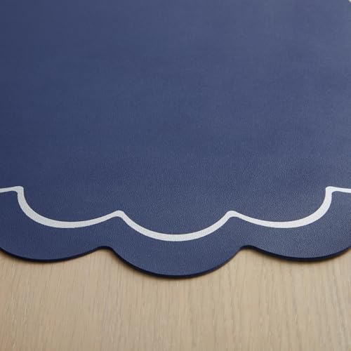 Image of kate spade new york Scallop Edge Round Reversible Placemats 6-Pack Set, Imitation Leather with Metallic Print, Water Resistant, Easy Wipe Clean, Navy /Silver, 15 inch Round