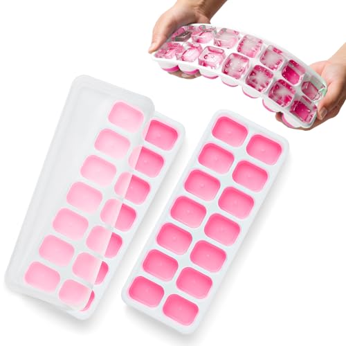 KEPLIN 2pk Silicone Ice Cube Trays with Non-Spill Lids, Easy to Remove Tray, LFGB Certified BPA Free, Flexible Silicone Ice Cube Moulds, Parties, Drinks, Cocktails & Frozen Liquids (Pink)