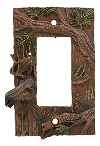 Ebros Set of 2 Novelty Woodland Rustic Forest Stag Elk Moose By Pine Boughs Wall Electrical Cover Plate Accent 3D Hand Painted Deer Antlers Western Home Decor (Single Gang Rocker Switch)