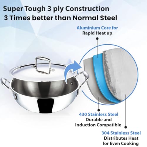 Image of Kuber Industries XtraDeluxe Deep Frying 2.2 Liters Triply Stainless Steel Kadai for Cooking with Lid | Induction Compatible Kadhai /Cookware for Kitchen | Has Cold-Touch Handles | SS - Silver