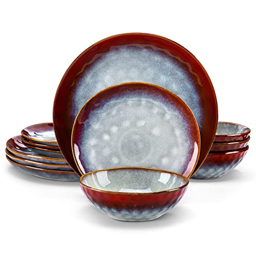 Vancasso Starry 12 Pieces Red Dinnerware Set, Reactive Change Glaze Dinner Set, Plates And Bowls Set #TOP22