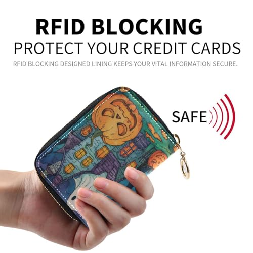 RFID Credit Card Holder Halloween Castle Bat Leather With Zipper Card Case Wallet for Women Girls2