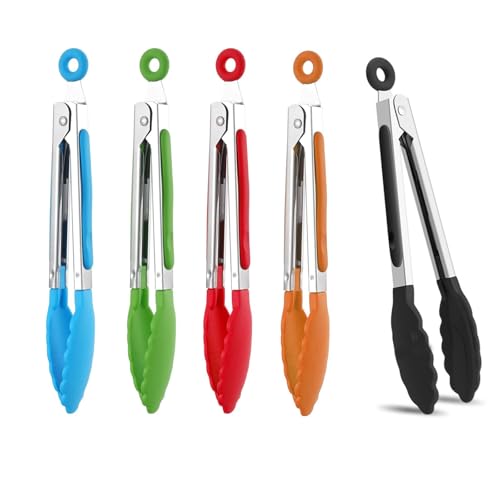 5Pcs Kitchen Tongs, 8.4” Non-Slip Stainless Steel Serving Tongs with Locking Clip, Heat Resistant and Ergonomic Handle for Cooking, Serving, Salad, and Hot Food, Durable and Easy to Clean (Multicolor)