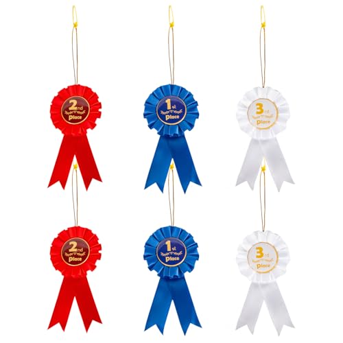 Award Ribbons 1st 2nd 3rd Place Recognition Rosette Set Awards Blue Red White Badge Ribbons for Classroom Prize Science Fair Talent Show (6 Pcs)