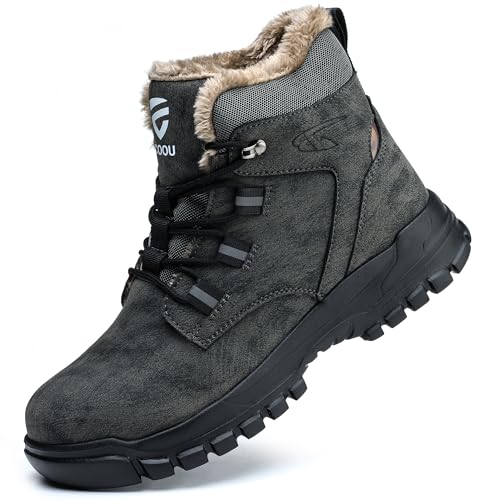 COOU Winter Safety Boots Men Lined Warm Steel Toe Work Boots Cold Weather Steel Toe Shoes Mid Top Lightweight Safety Shoes for Women Grey