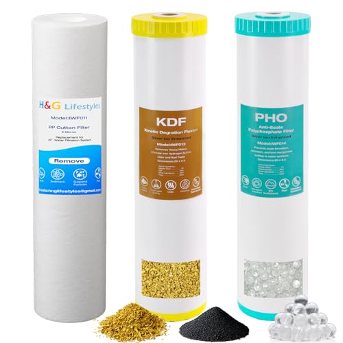 H&G Lifestyles Cartucho de filtro de agua para toda la casa, filtro de agua de 4.5 x 20 KDF, descalcificador de agua de polifosfato, filtro de algodón PP, compatible con ECP5-20BB, SPC-45-2005, DGD