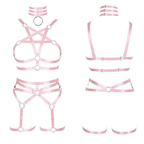 BBOHSS Damen Body Harness Pentagramm BH Set Punk Strumpfband Bein Taille Tanz Elastic Gothic Carnival Zubehör (Rosa)