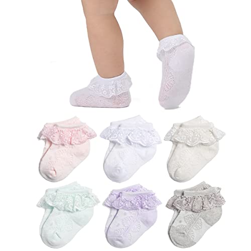Image of Marchare Baby Lace Socks 3/5/6 Pack Baby Girls' Ruffle Socks Eyelet Princess Cotton Socks 0-3/3-6/6-12/12-36 Months