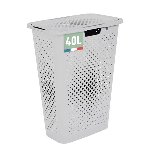 SUNDIS Pixel, panier à linge 40l, en plastique recyclé, blanc cassé, idéal pour les petits espaces, 2 poignées latérales et 1 poignée au-dessous, aération sur les 4 côtés