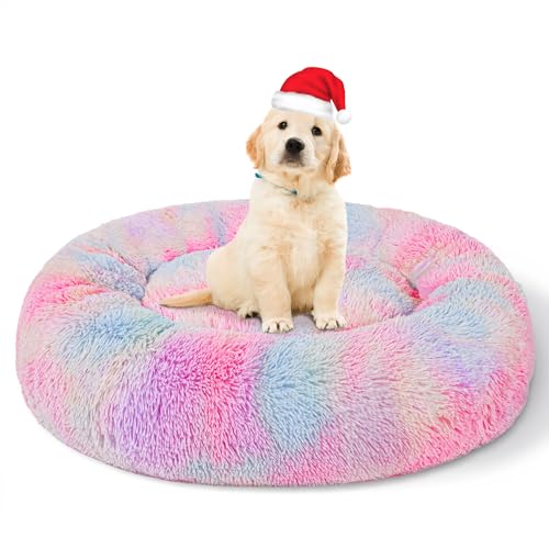 Patas-Lague-Calming-Dog-Bed-for-Small-Dogs-Fluffy-Soft-Cozy-Cat-Bed-Faux-Fur-Anti-Anxiety-Plush-Donut-Cuddler-Washable-Warm-Pet-Bed-for-Winter-20-in-Mixed-Rainbow