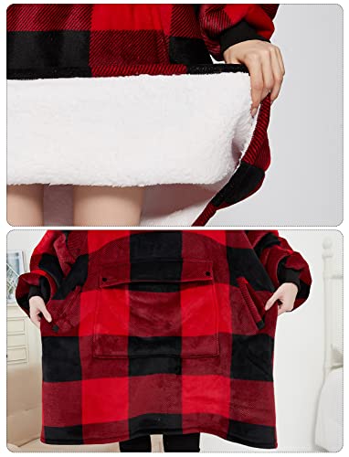 Image of KFUBUO Wearable Blanket Hoodie for Adults With Pocket Sherpa Red Plaid | Sherpa, Fuzzy Blanket Hoodie, Oversized Sweatshirt Blanket, Kangaroo Pouch, Cute Gifts for Women, Cute Stuff