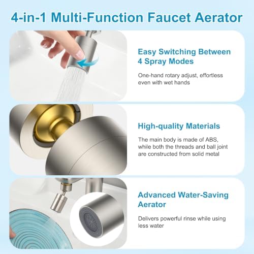 Hibbent 4-Mode Faucet Aerator, Faucet Sprayer Attachment, Brushed Nickel - 3