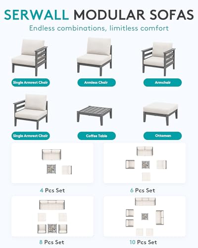 Image of SERWALL HDPE Patio Furniture Set, 10 Pieces Outdoor Sectional Sofa Set, All-Weather Wood-Like Outdoor Sofa Couch with Coffee Table for Deck, Lawn, Grey Frame with Khaki Cushion