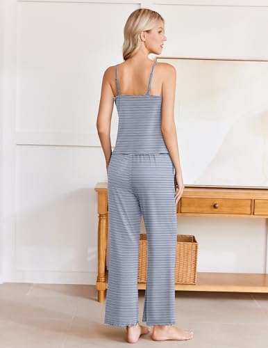 Image of Ekouaer Womens Y2K Cami Pajama Set with Flare Pants, 2 Piece Lace Trim Sleepwear Spaghetti Strap Pjs Set XS-2XL
