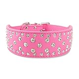 Didog Sparkly Rhinestone Wide Dog Collar -Soft PU Leather Royal Look - Hot Pink XL Size - Fit for Medium Large Breeds